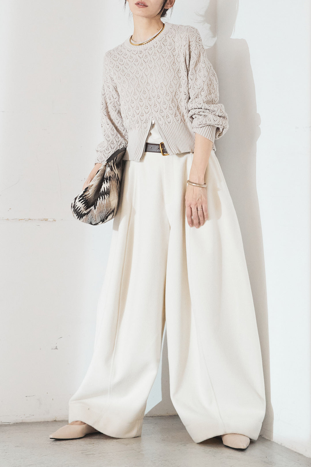 [SET]透かし編みニットジップスリットプルオーバー+ウールタッチカーブワイドパンツ(2set)