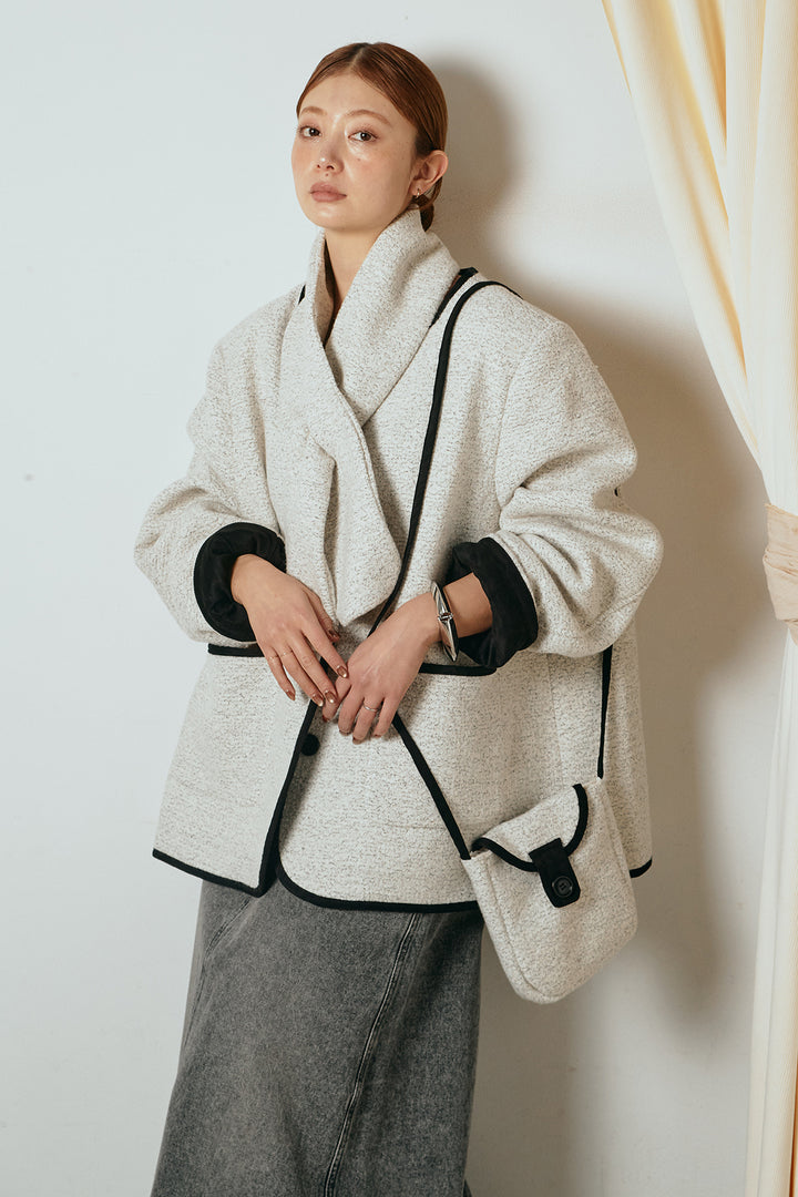 [SET]ノーカラーマフラーバッグ付きアウター+デニムロングフレアスカート(2set)