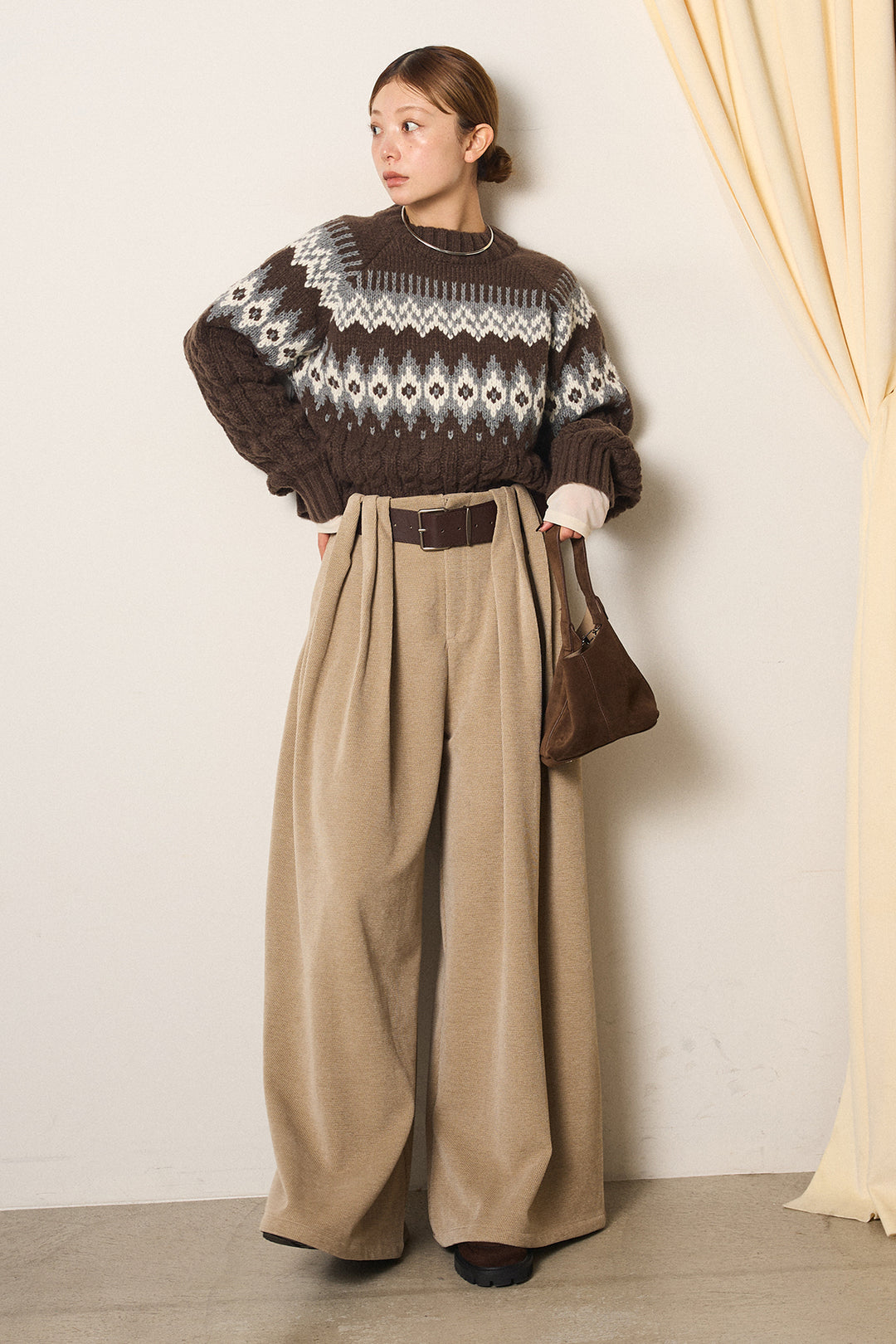 [SET]2WAY求心柄ジャガードショートカーディガン+ベルトループコーデュロイワイドパンツ(2set)