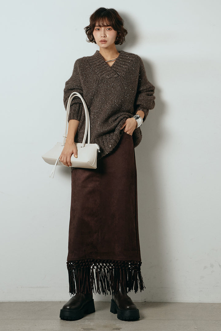 [SET]Vネックラメニットトップス+スウェードライク裾フリンジスカート(2set)