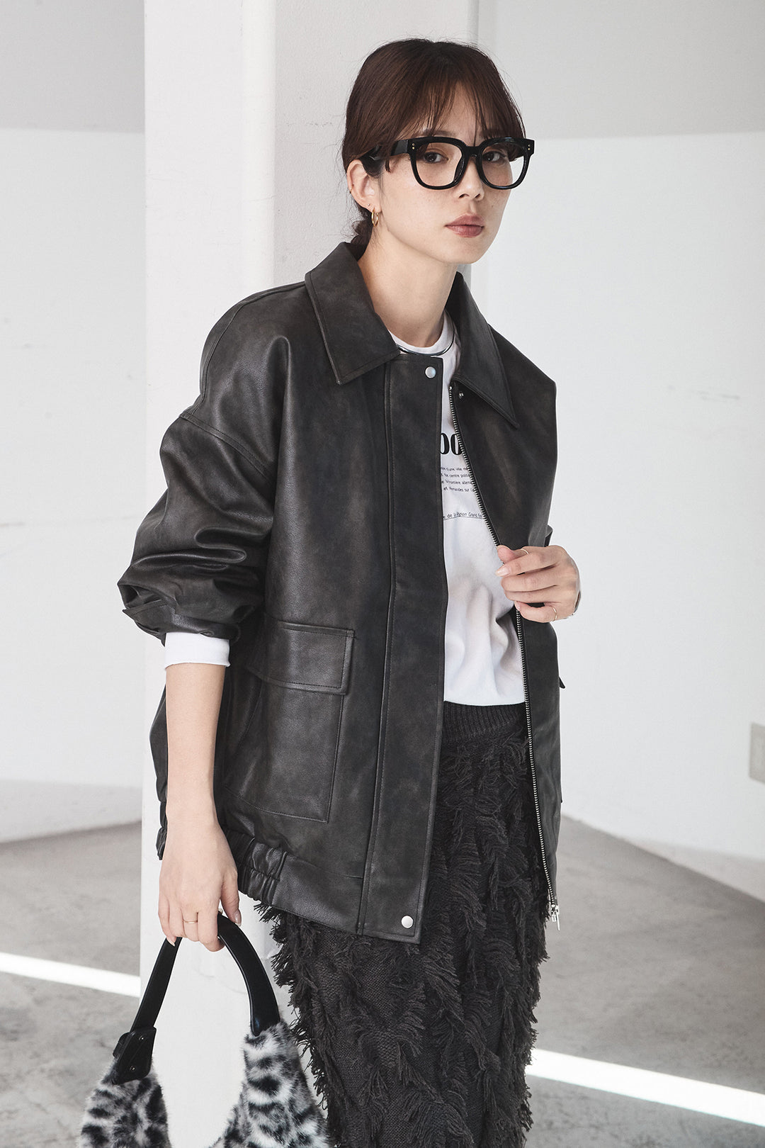 [SET]レザーライクオーバーサイズブルゾン+カットフリンジニットタイトスカート(2set)