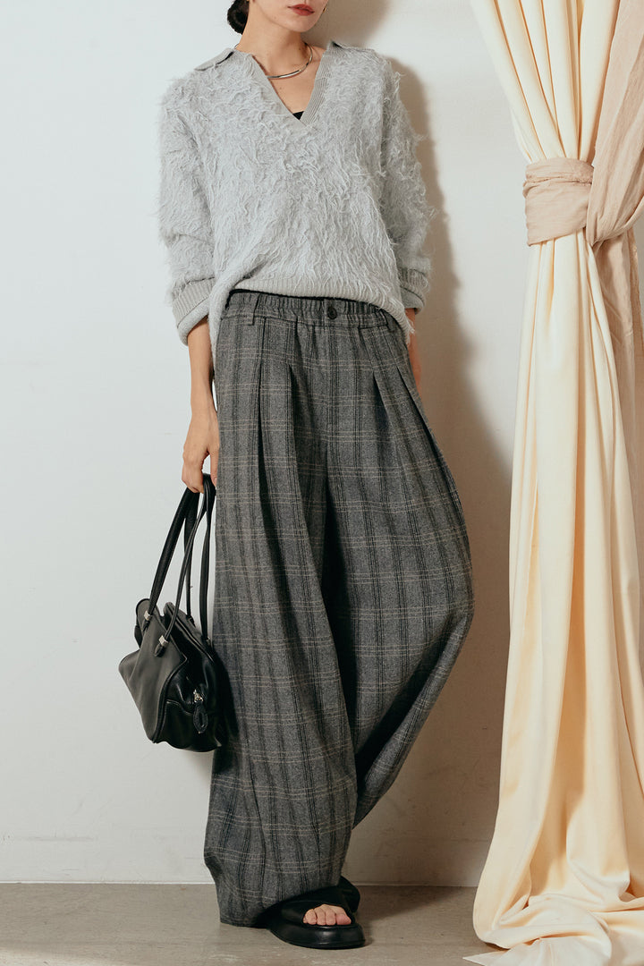 [SET]襟付きシャギーニットポロトップス+タータンチェック柄タックパンツ(2set)