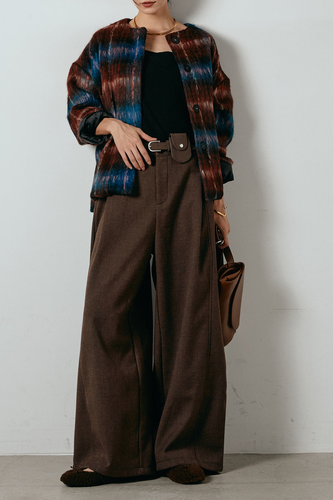 [SET]ノーカラーシャギーチェックアウター+ポーチベルト付きカーブパンツ(2set)