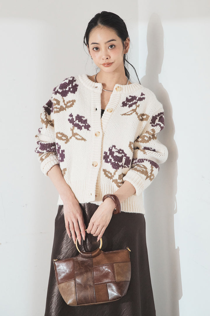 [SET]花柄ジャガードニットカーディガン+裾レースデザインサテンスカート(2set)