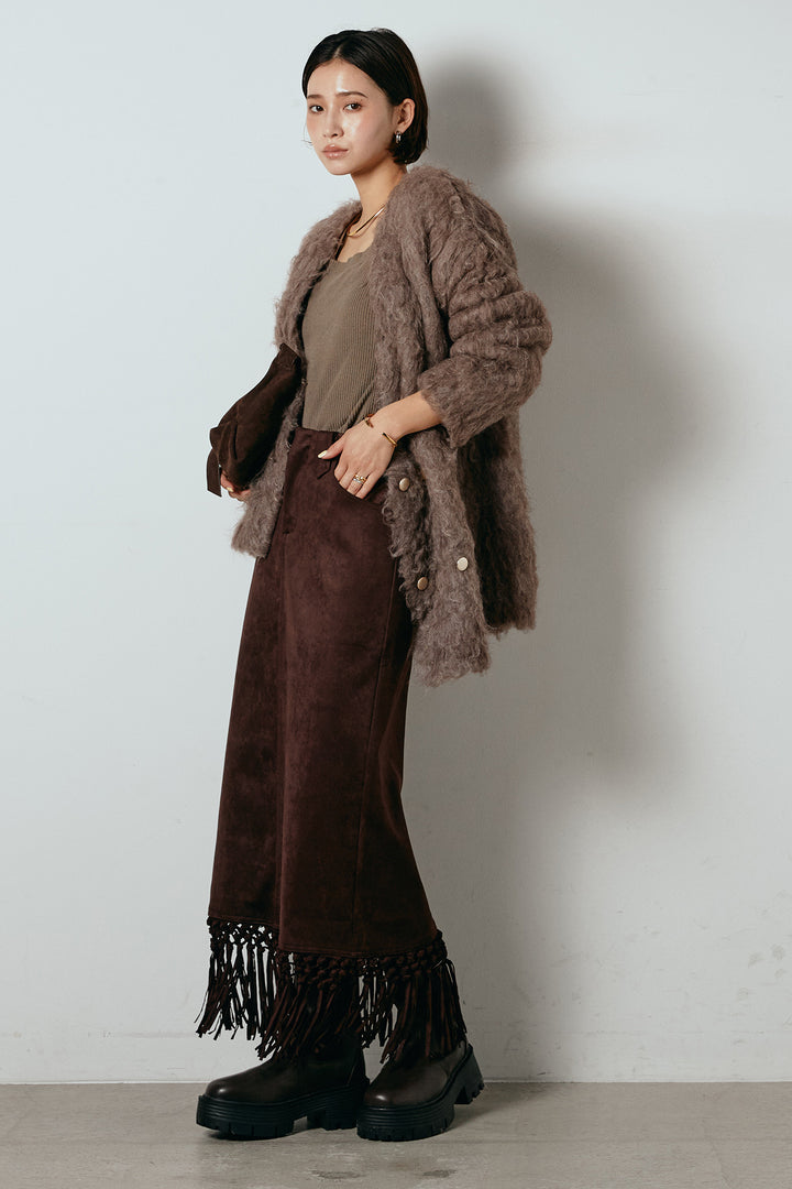 [SET]ウェーブシャギーニットジャケット+スウェードライク裾フリンジスカート(2set)