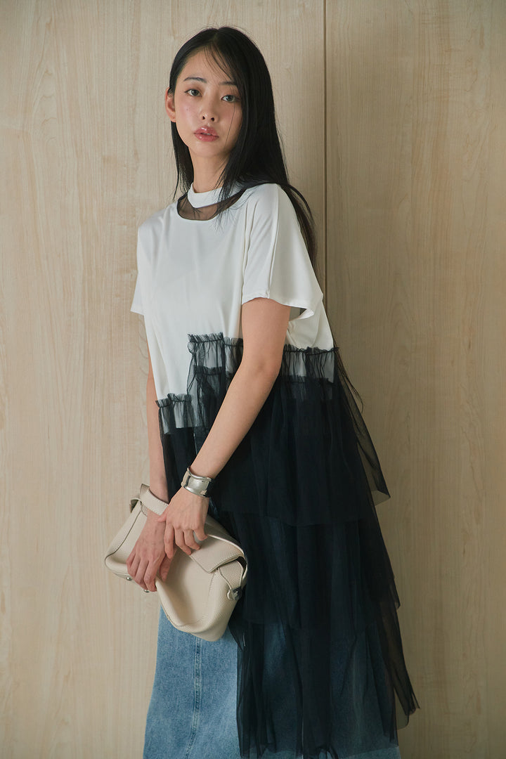 [SET]アシンメトリーチュールフリルTシャツ+デニムロングフレアスカート(2set)