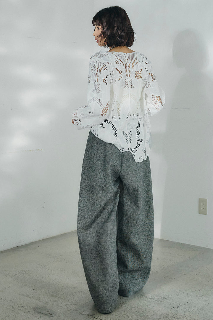 [SET]フラワー刺繍レースブラウス+サイドボタンツイードタックパンツ(2set)