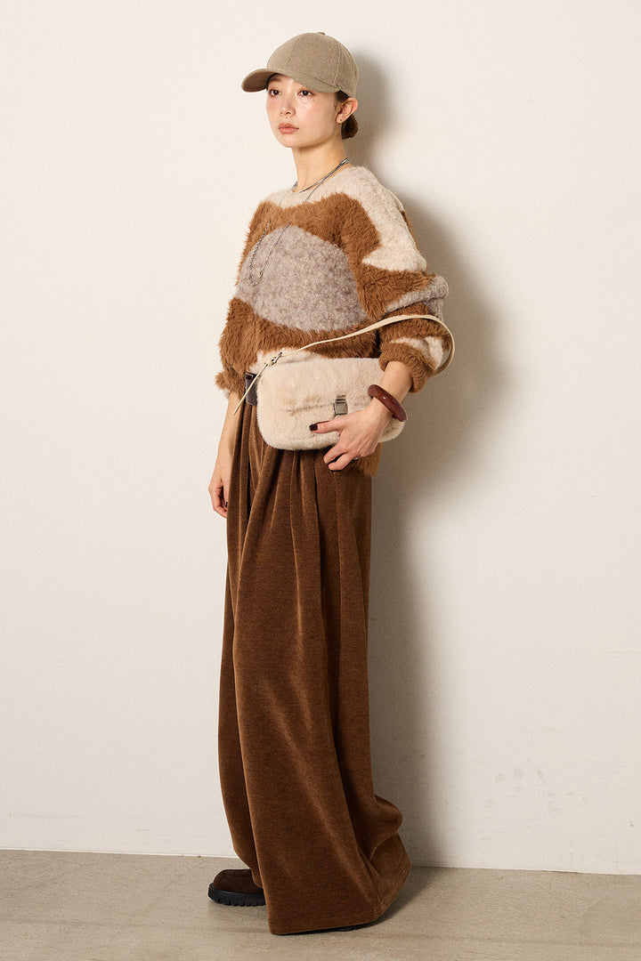 [SET]シャギーウェーブ柄クルーネックニットトップス+ベルトループコーデュロイワイドパンツ(2set)