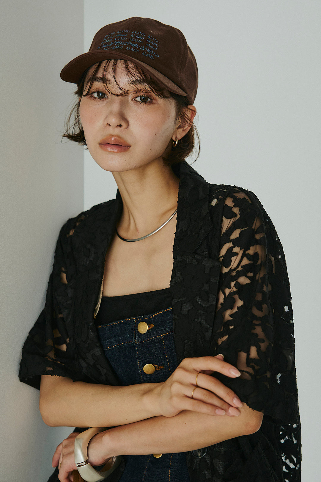 [SET]シアージャガードハーフスリーブテーラードジャケット+配色ショルダーデニムサロペットスカート(2set)