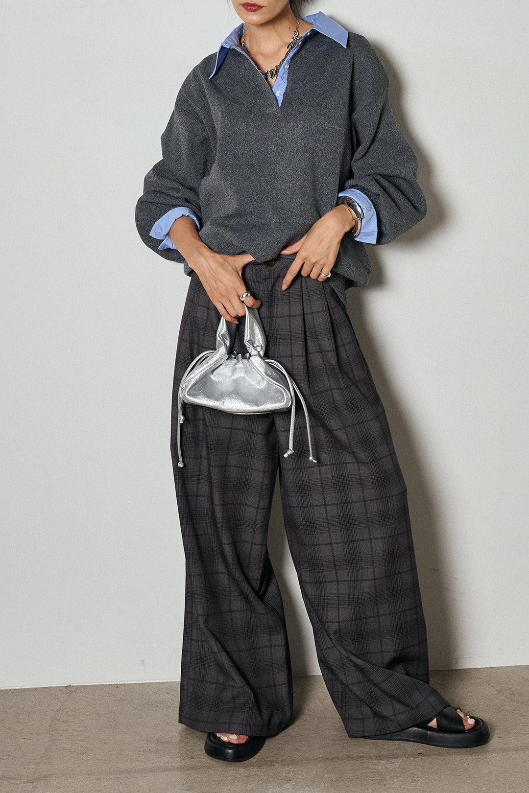 【即納】タック入りタータンチェックワイドパンツ