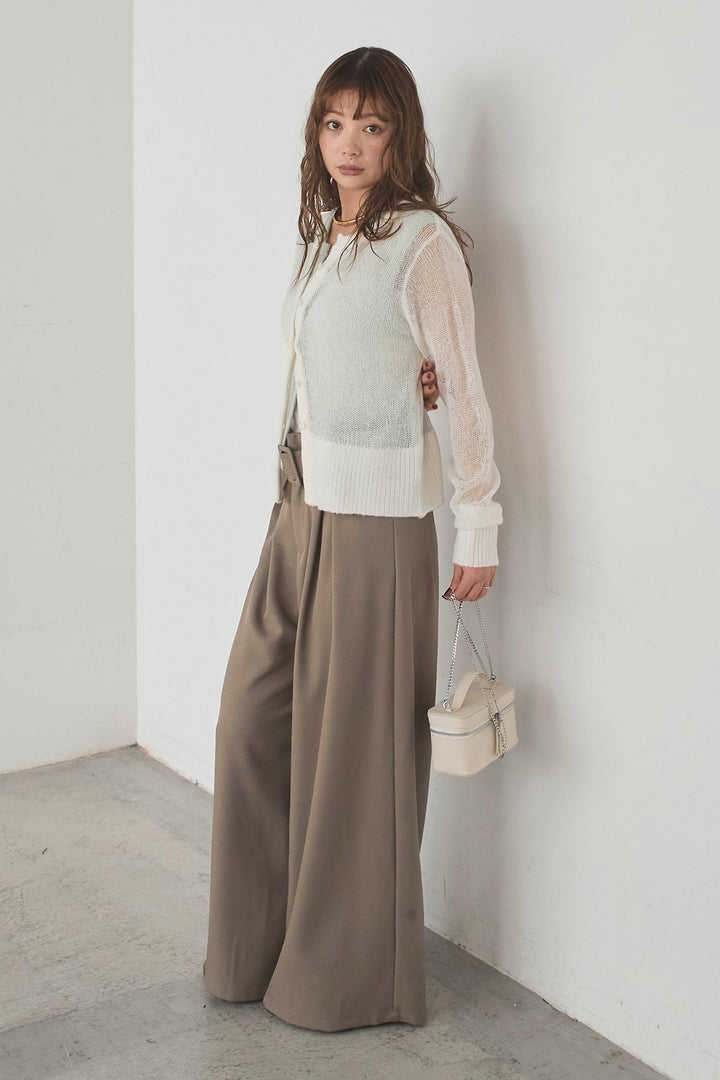 [SET]モヘア透かし編みレイヤードアンサンブルセット+ベルト付きツータックワイドパンツ(2set)