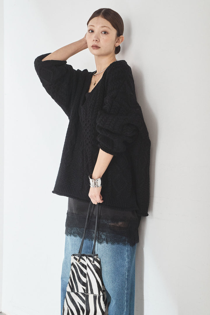 [SET]ケーブルVニットセーター+デニムサイドカットパンツ(2set)