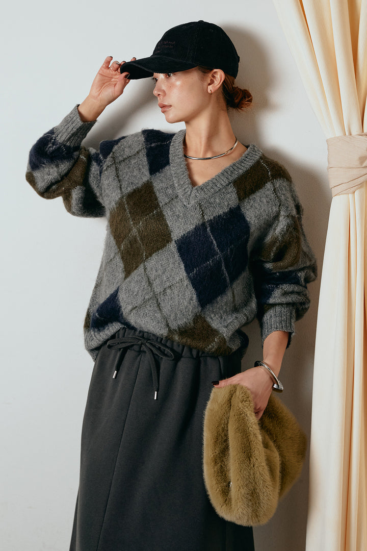 [SET]アクリルモヘアアーガイルVネックプルオーバー+裏起毛スウェットロングマキシスカート(2set)