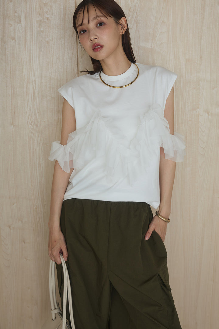 [SET]チュールフリルフレンチTシャツ+ルーズカーゴワイドパンツ(2set)