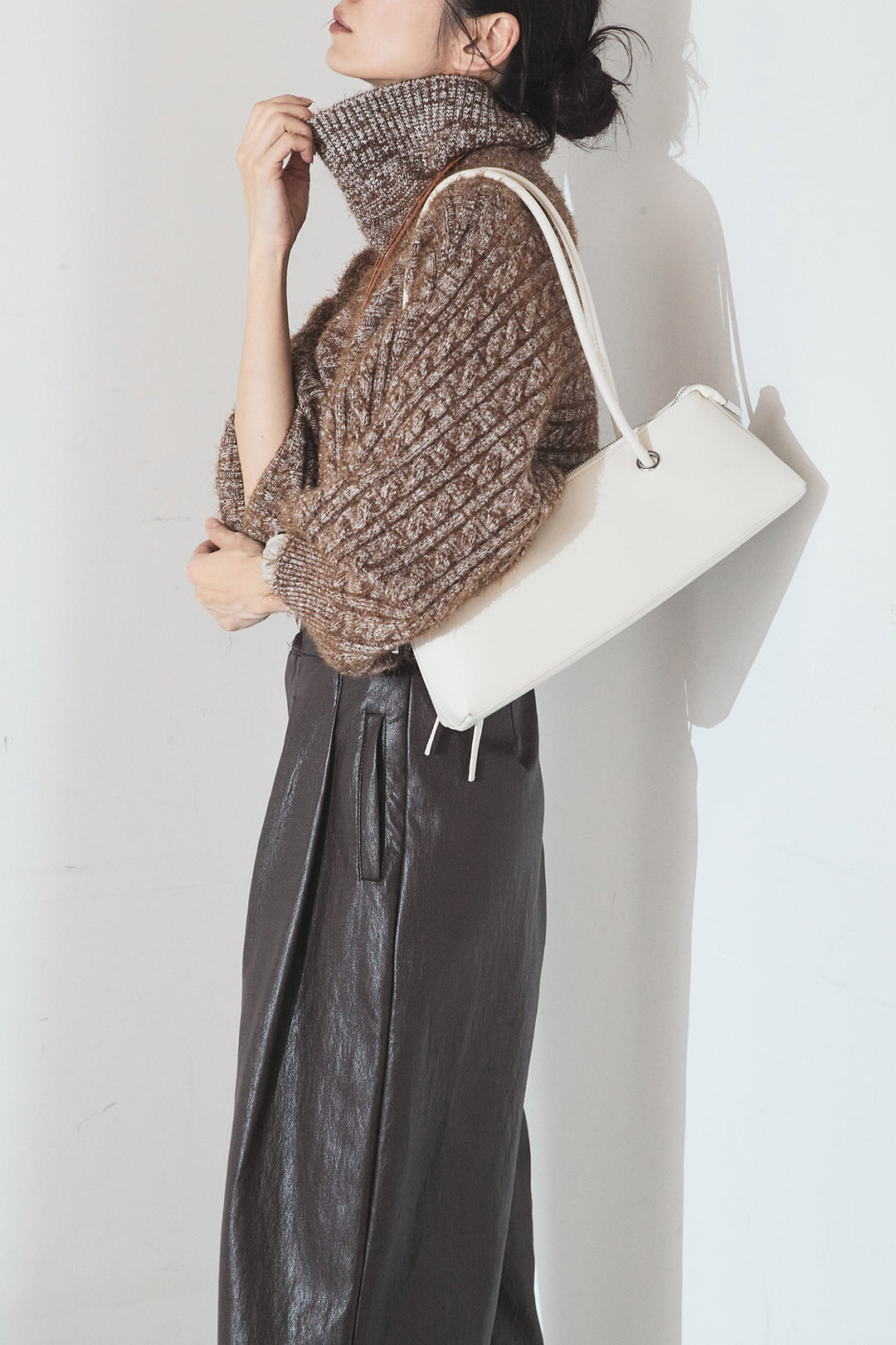 [SET]ミックス編みドルマンニットトップス+ベルト付きレザーライクタックパンツ(2set)