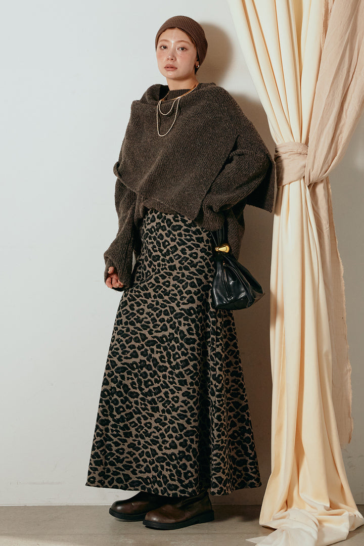 [SET]ケープデザインリブニットトップス+レオパードロングスカート(2set)
