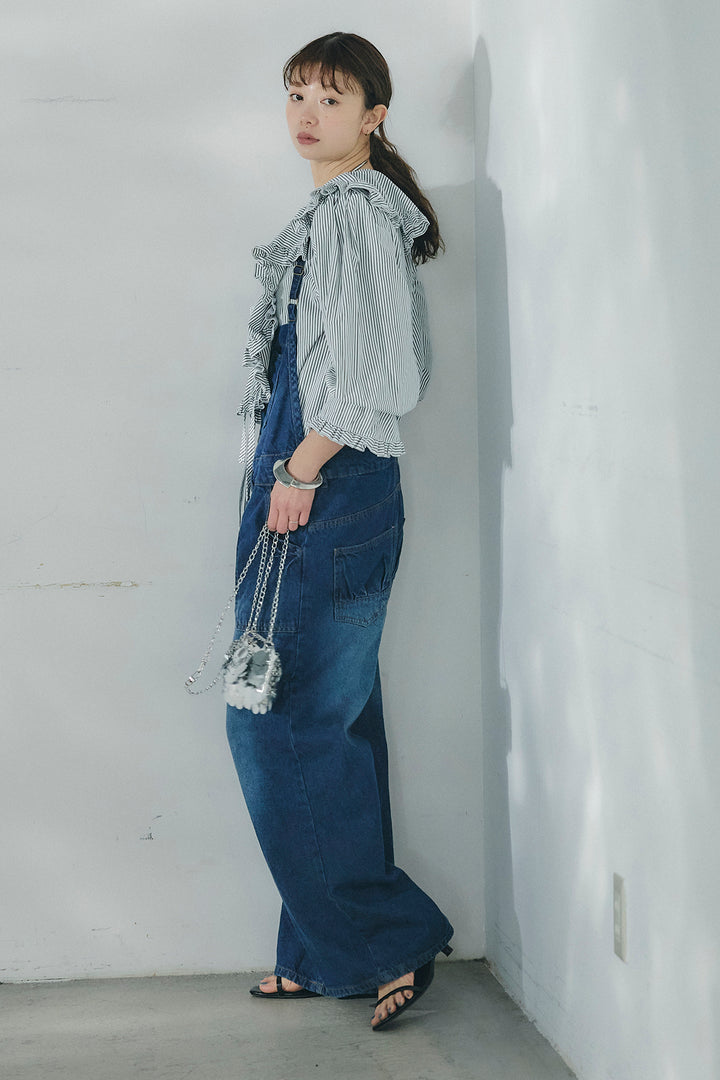 [SET]コットンフリルブラウス+デニムサロペットワイドパンツ(2set)