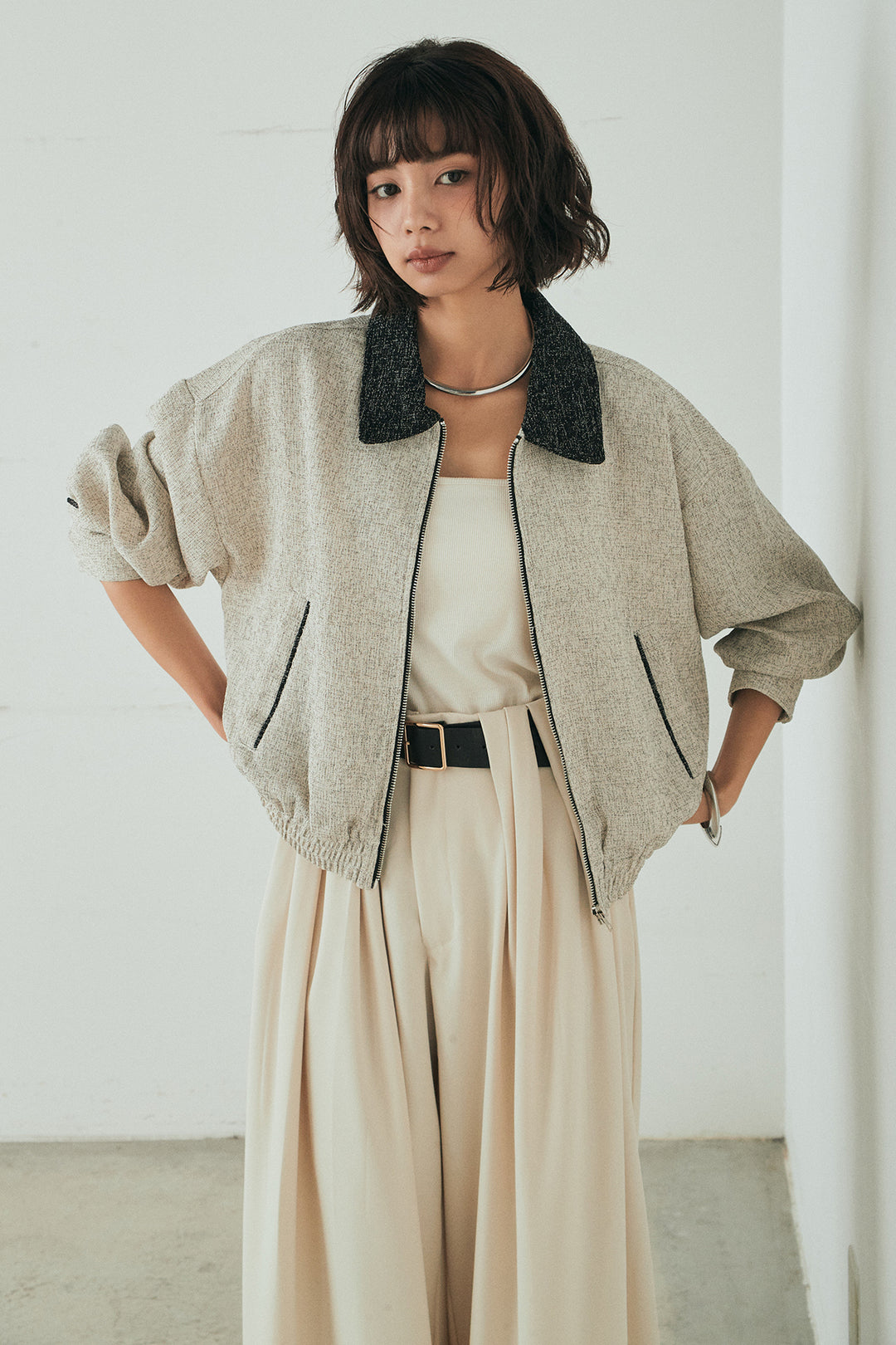 [SET]ツイード配色パイピングブルゾン+ベルト付きタックデザインハイウエストロングパンツ(2set)