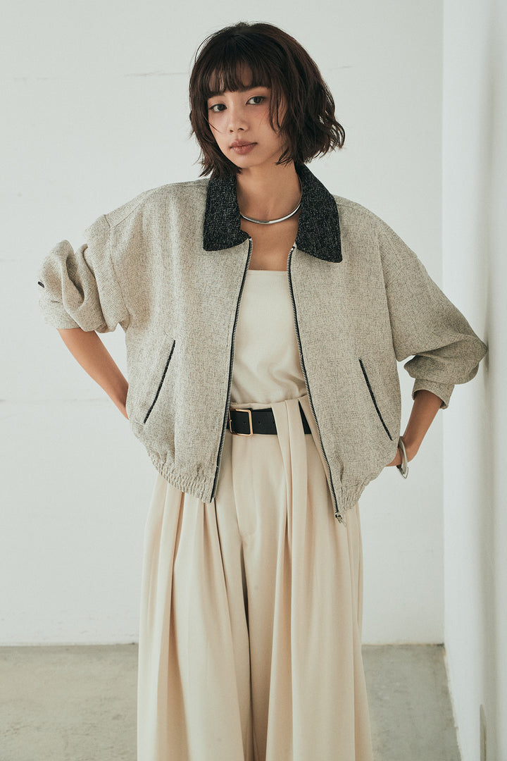 [SET]ツイード配色パイピングブルゾン+ベルト付きタックデザインハイウエストロングパンツ(2set)