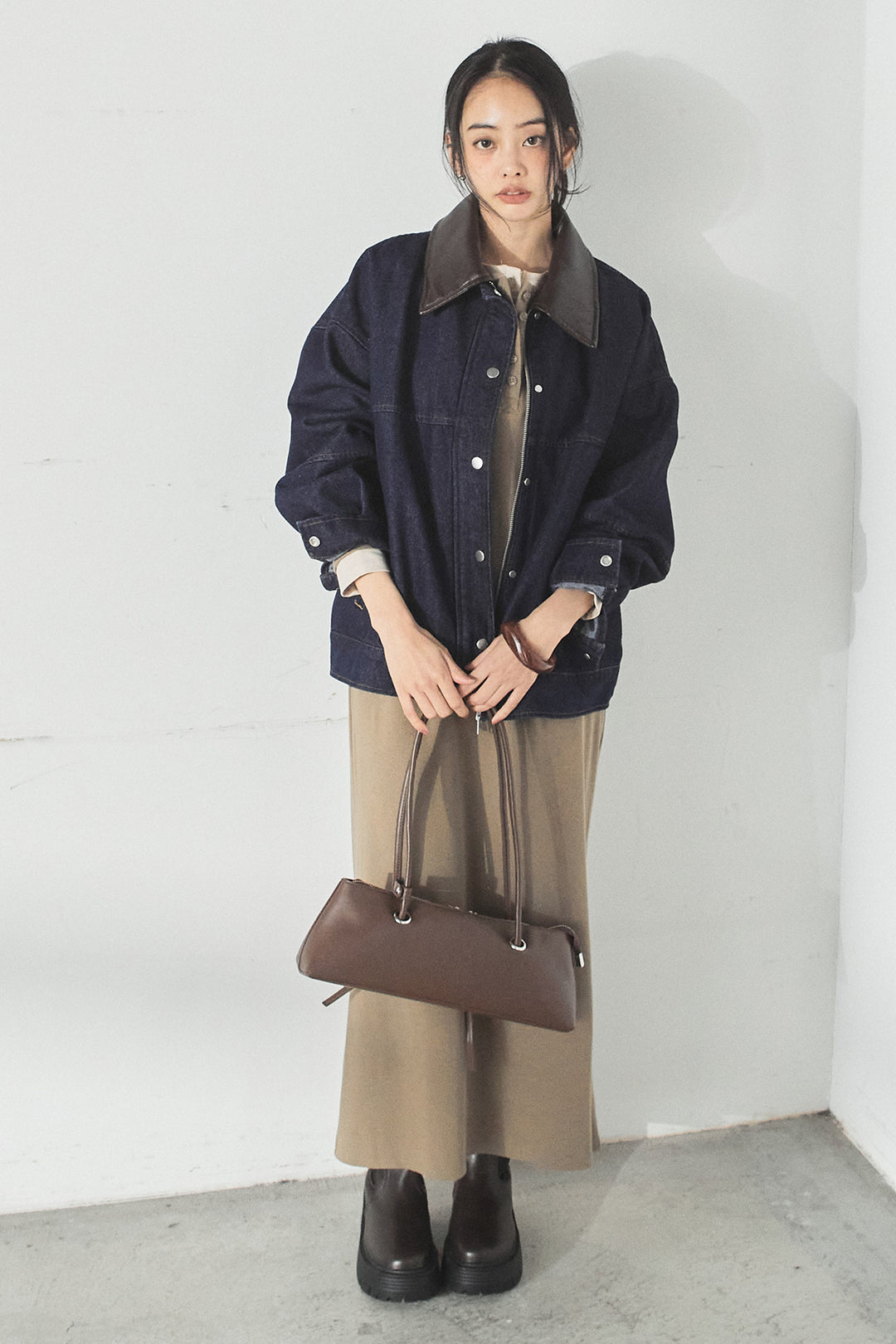 [SET]加工デニムレザー襟付きデニムブルゾン+カットリブレイヤードヘンリーネックワンピース(2set)