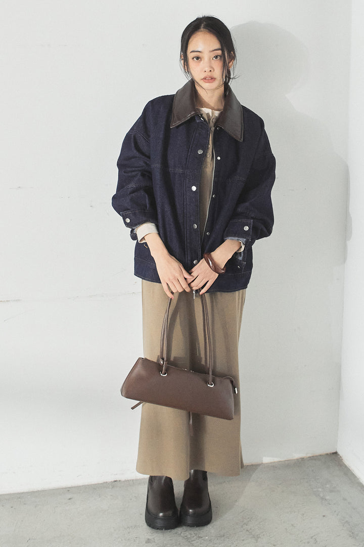 [SET]加工デニムレザー襟付きデニムブルゾン+カットリブレイヤードヘンリーネックワンピース(2set)