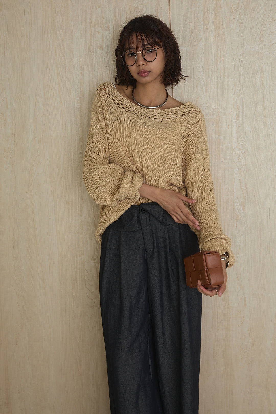 [SET]ネック編みデザインニットトップス+ウエスト折り返しワイドパンツ(2set)