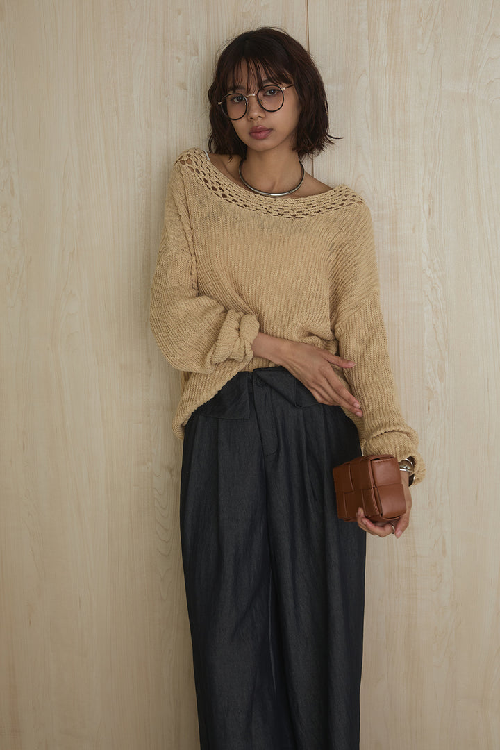 [SET]ネック編みデザインニットトップス+ウエスト折り返しワイドパンツ(2set)