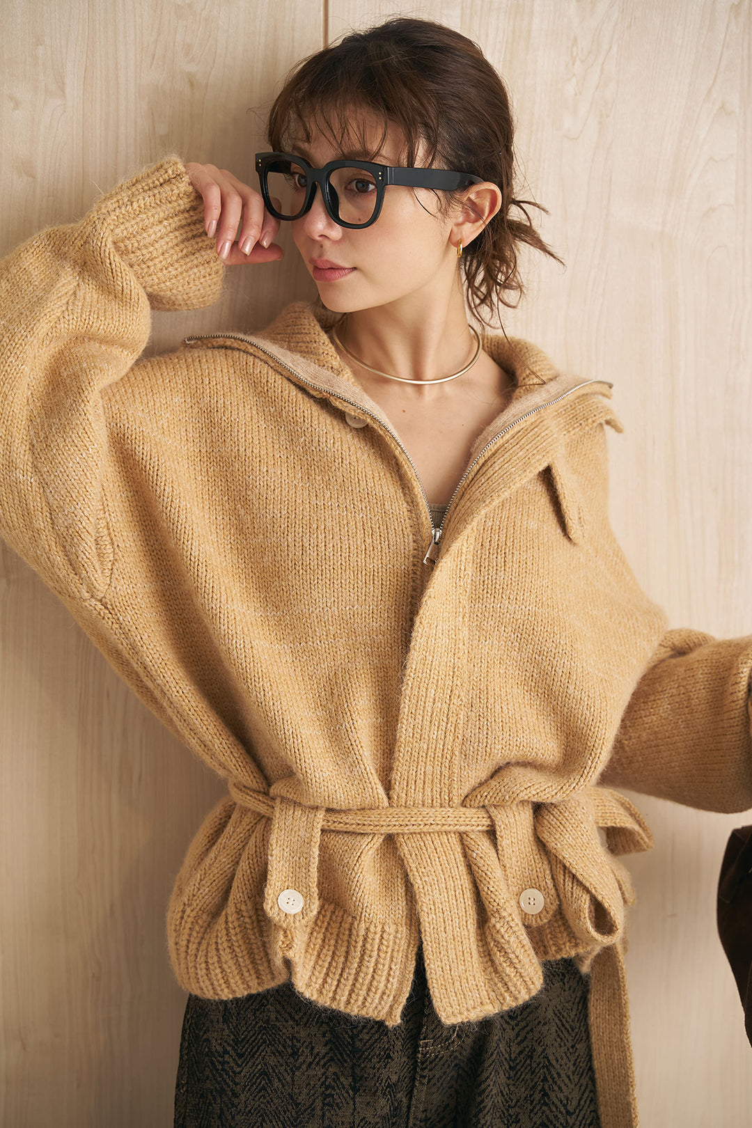 [SET]ビッグカラーベルト付きニットジャケット+ヘリンボーン調カーブワイドパンツ(2set)