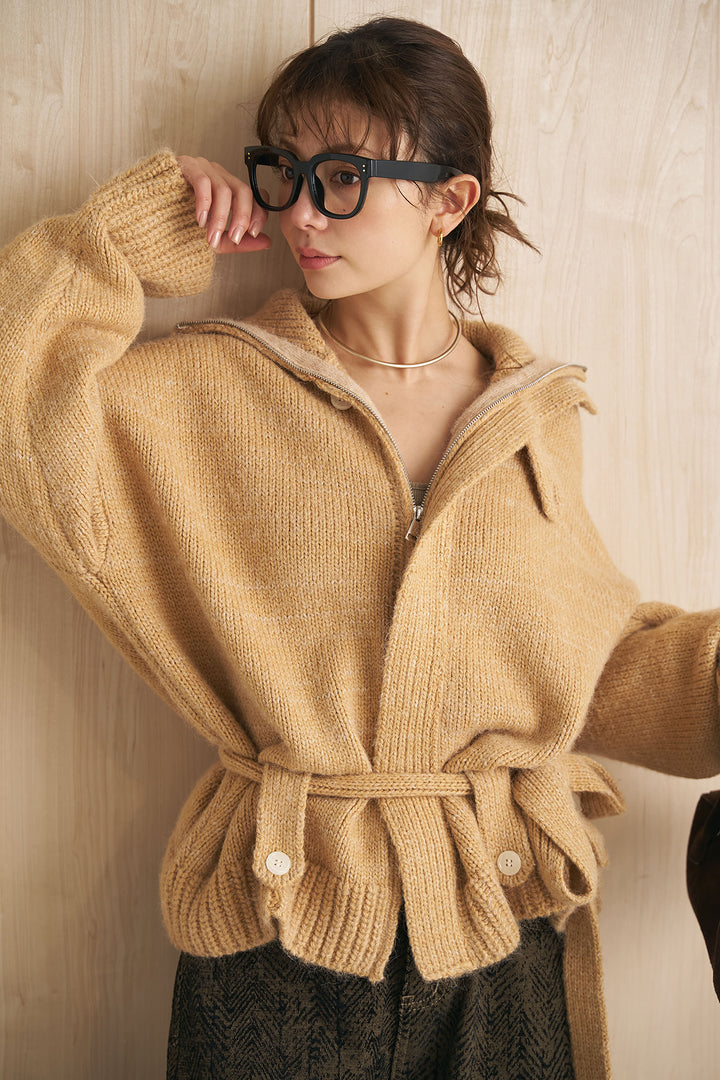 [SET]ビッグカラーベルト付きニットジャケット+ヘリンボーン調カーブワイドパンツ(2set)