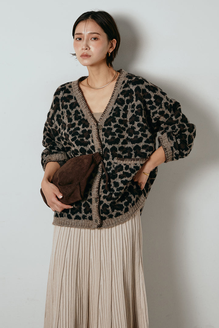 [SET]ステッチデザインレオパードニットカーディガン+リブニットフレアスカート(2set)