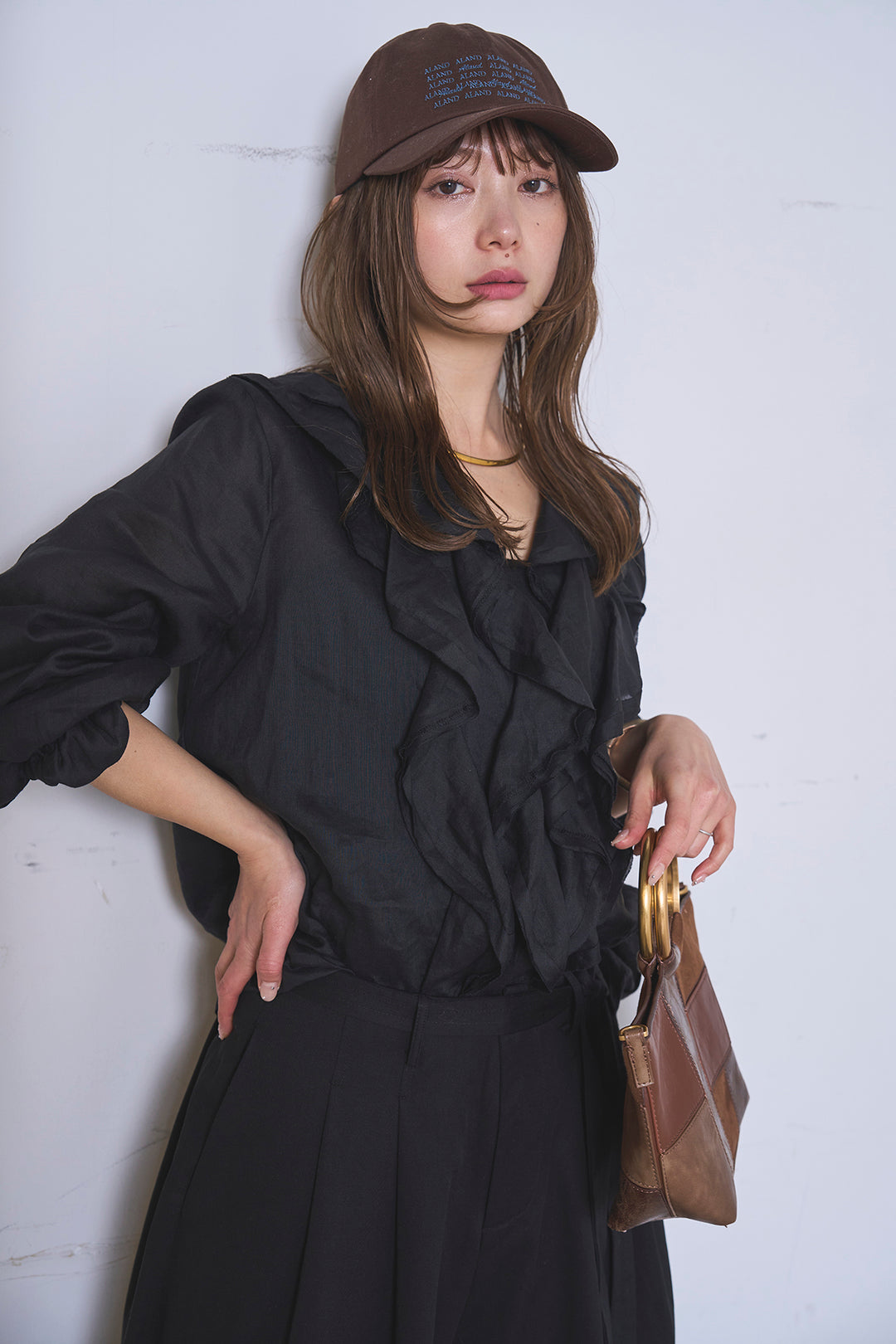 [SET]フリルボタンブラウス+紐ベルト付きカーブワイドパンツ(2set)