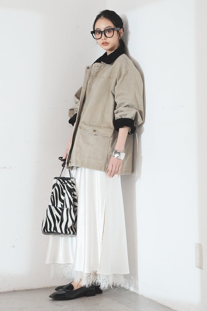 [SET]襟コーデュロイデザインデニム調カバーオール+裾レースデザインサテンスカート(2set)