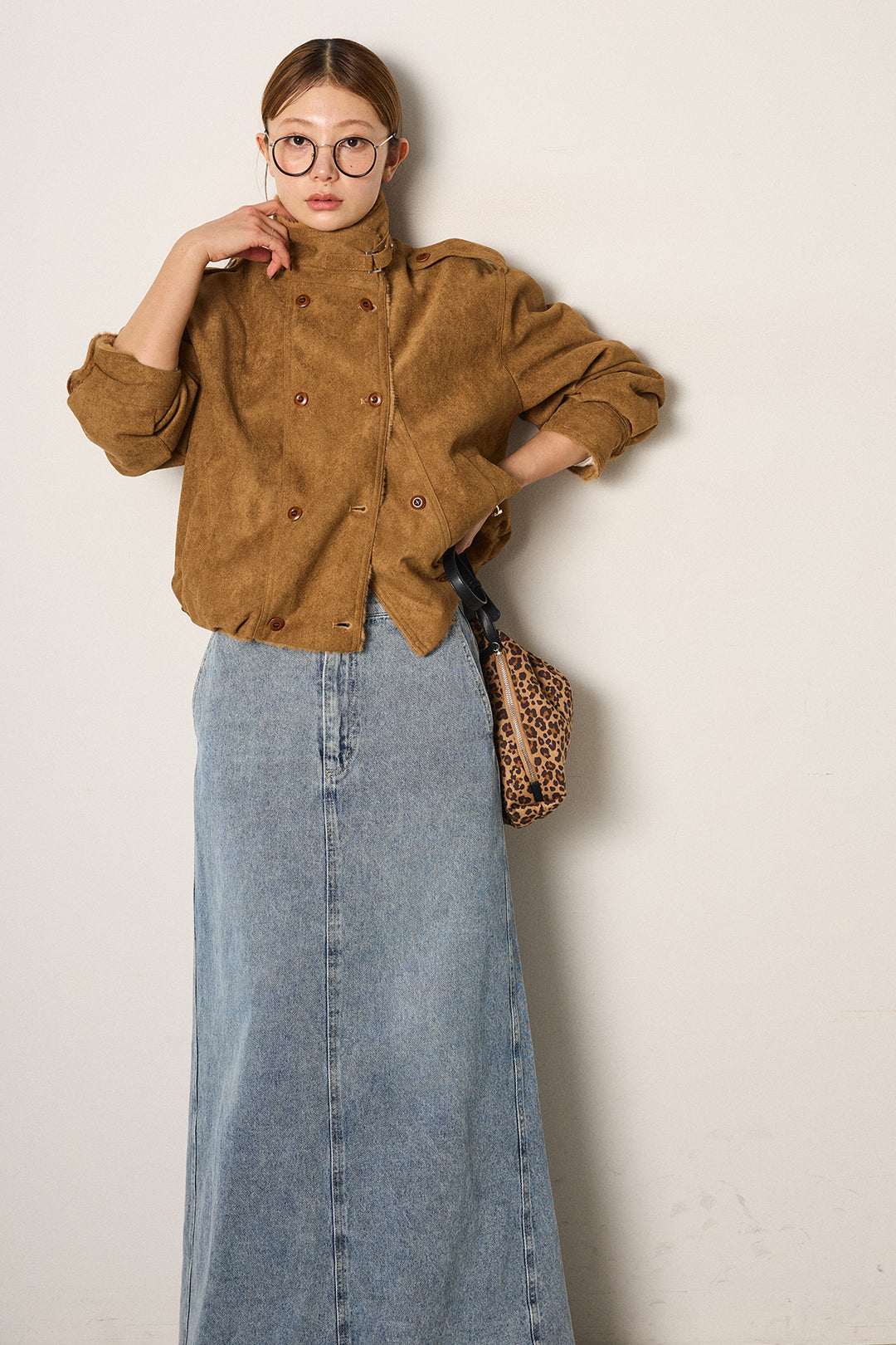 [SET]スタンド襟スウェードライクアウター+デニムロングフレアスカート(2set)