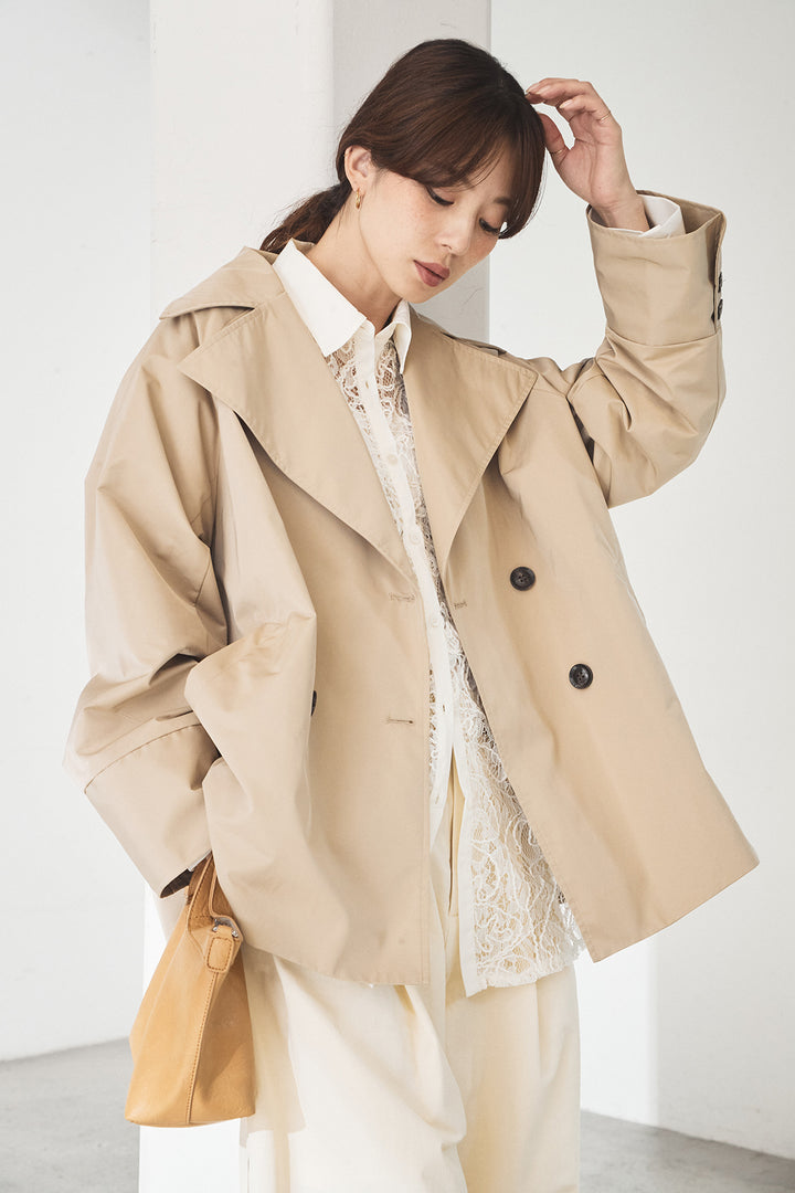 [SET]ナイロントレンチコート+合繊ツイルパイピングタックカーブパンツ+刺繍レースオーバーサイズシャツ(3set)