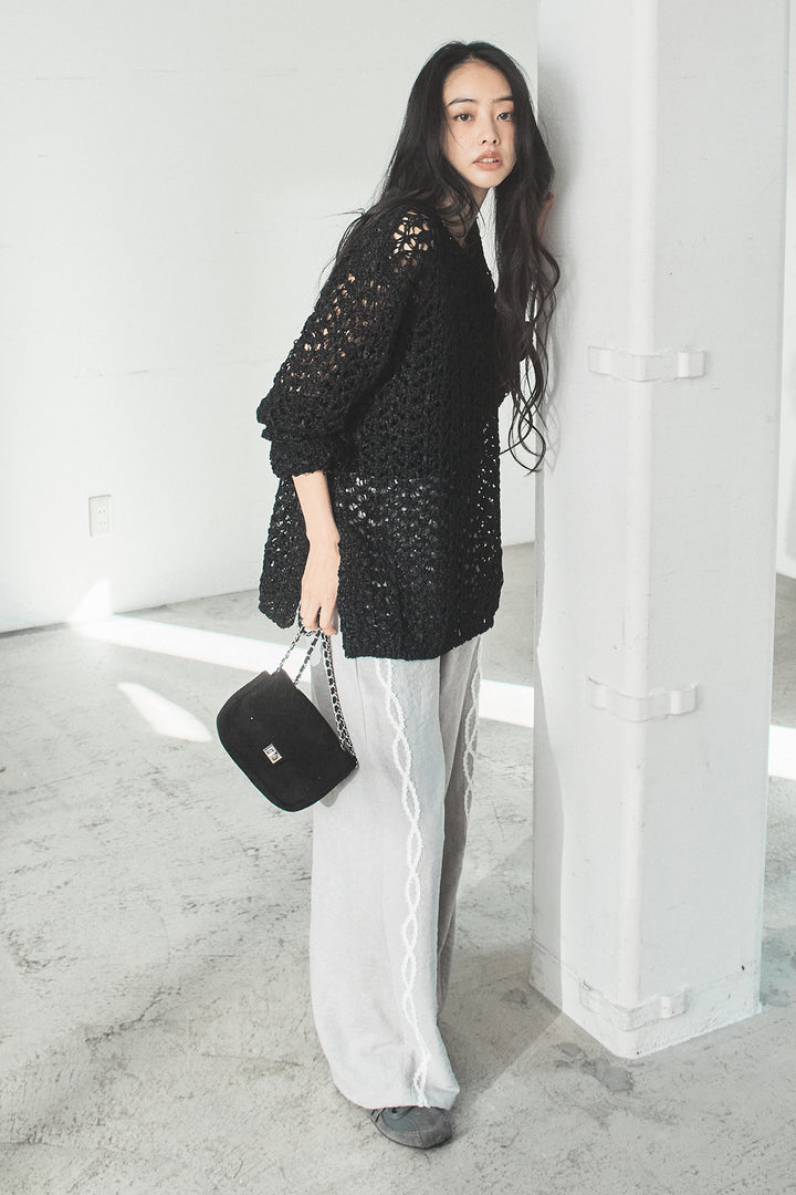 [SET]リラックスメッシュニットトップス+刺繡テープラインパンツ(2set)