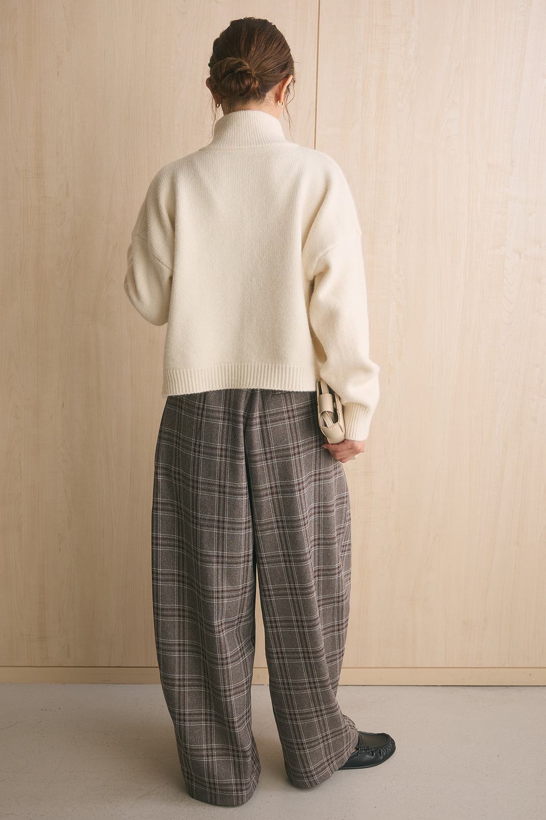 [SET]ナポレオンボタンハイネックニットブルゾン+ブリティッシュチェックバレルパンツ(2set)