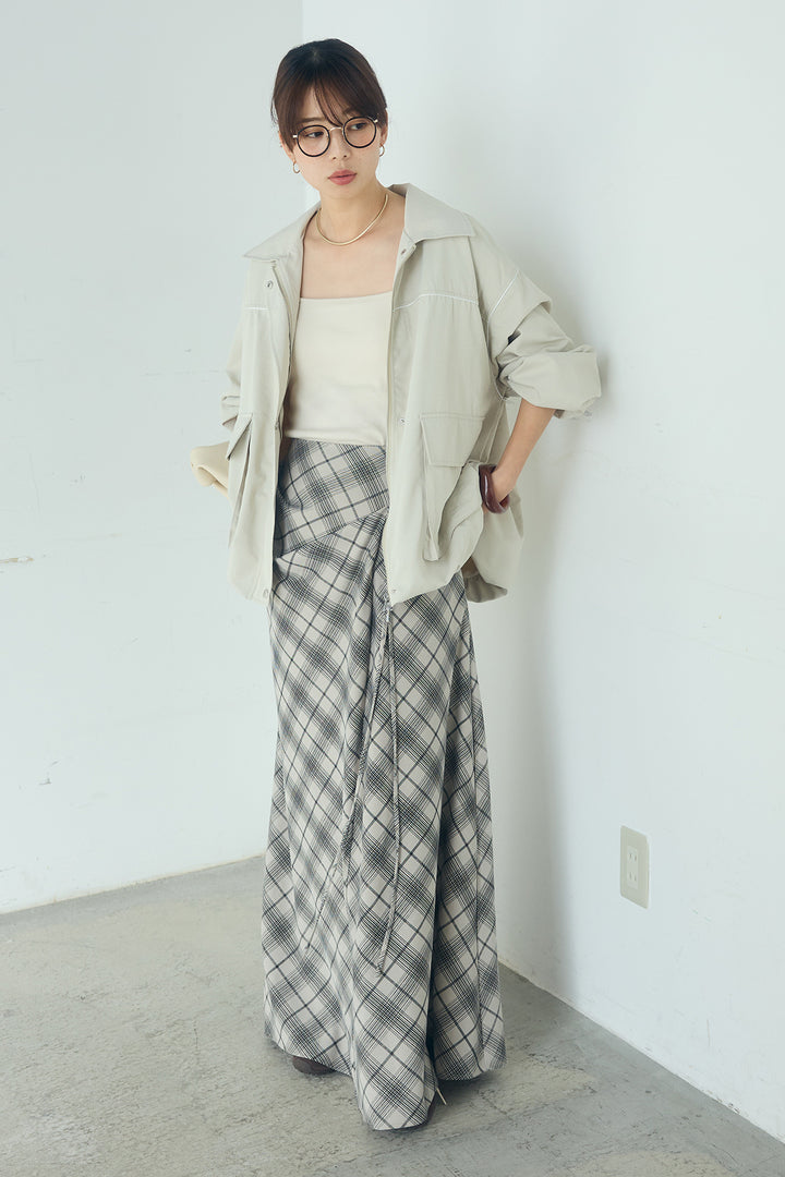 [SET]合繊ツイルバルーンジャケット+タータンチェック柄フロントデザインスカート(2set)