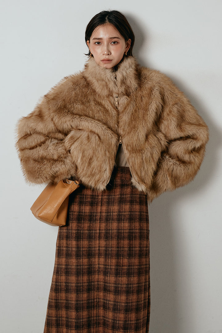 [SET]エコファーショート丈ブルゾン+シャギーチェックストレートスカート(2set)