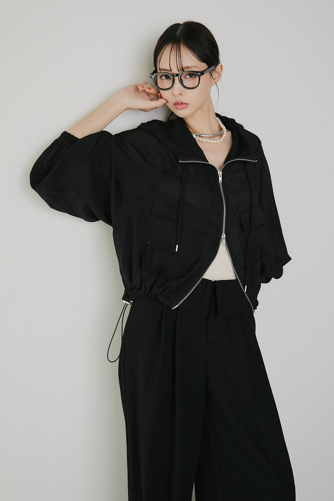 [SET]裾ドロストシアーWジップフーディーブルゾン+ウエスト折り返しワイドパンツ(2set)