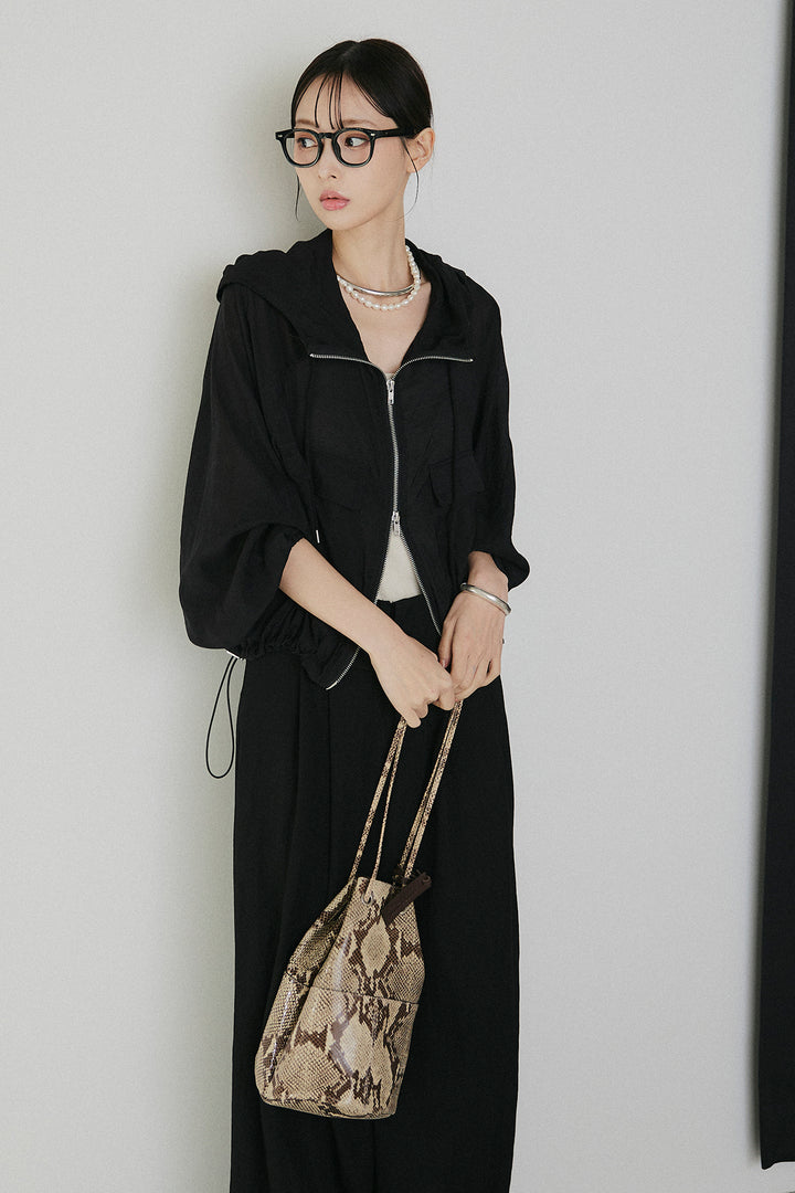 [SET]裾ドロストシアーWジップフーディーブルゾン+ウエスト折り返しワイドパンツ(2set)