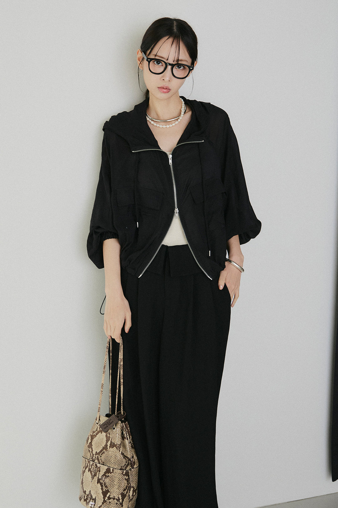 [SET]裾ドロストシアーWジップフーディーブルゾン+ウエスト折り返しワイドパンツ(2set)