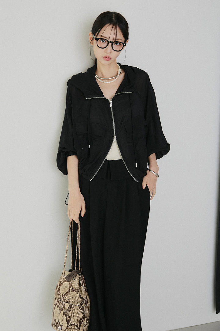 [SET]裾ドロストシアーWジップフーディーブルゾン+ウエスト折り返しワイドパンツ(2set)