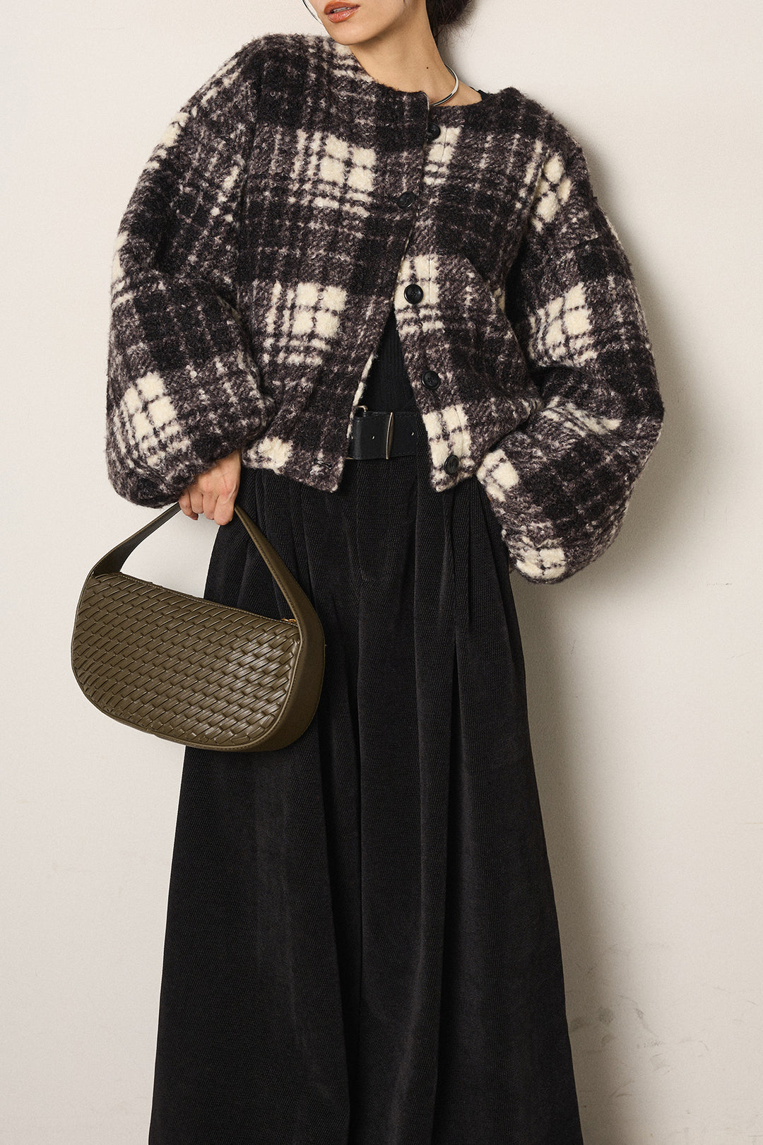 [SET]ノーカラーチェック柄ボアブルゾン+ベルトループコーデュロイワイドパンツ(2set)