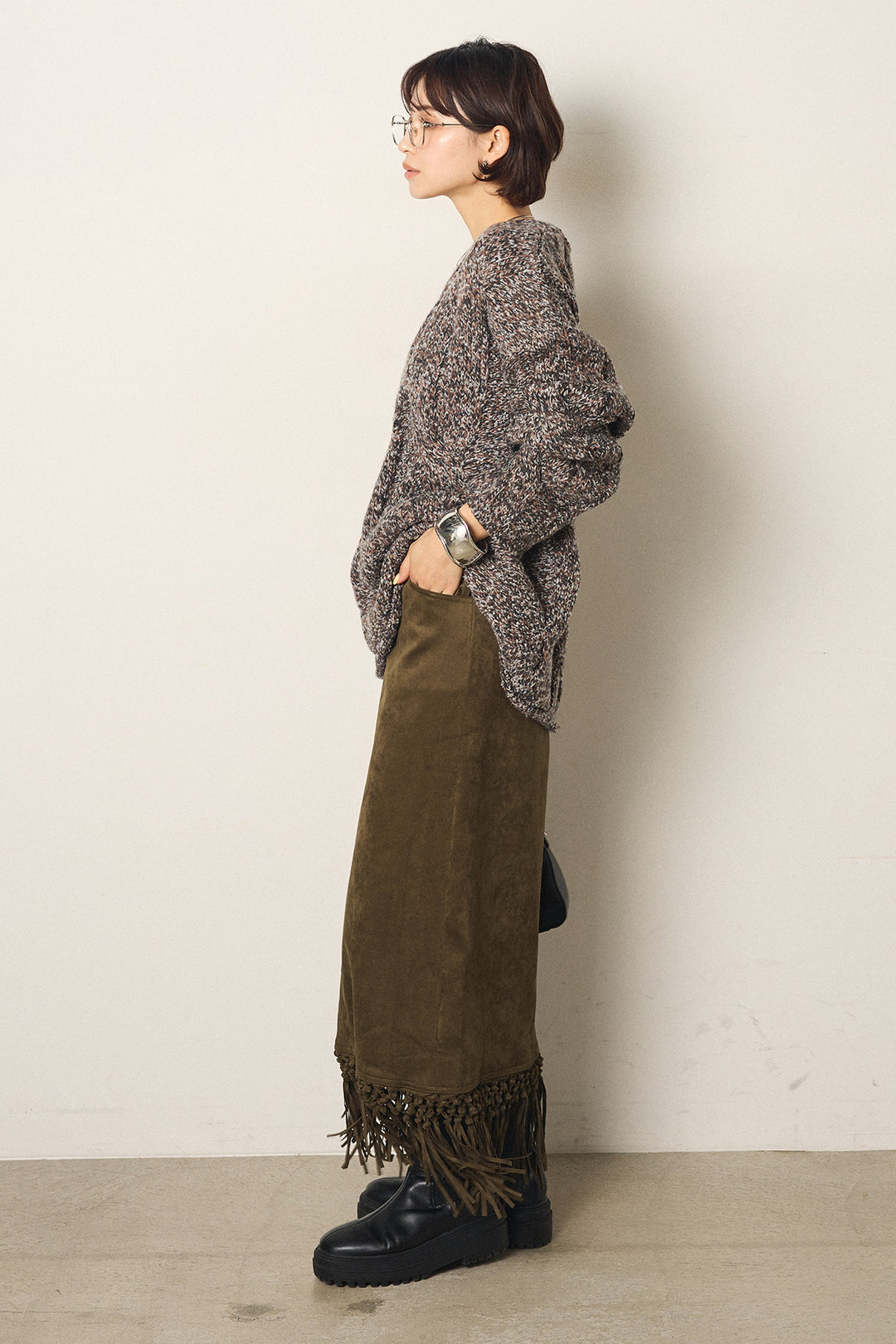 [SET]Vネックミックス編みニットトップス+スウェードライク裾フリンジスカート(2set)