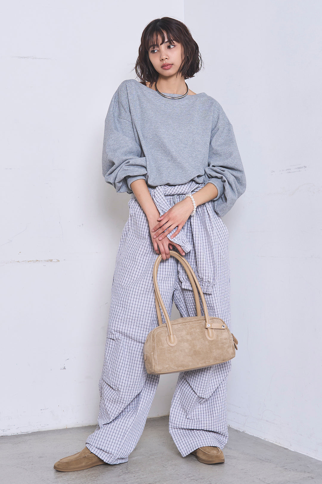 [SET]ワンショルスウェットプルオーバー+チェックウエスト巻きジョガーパンツ(2set)