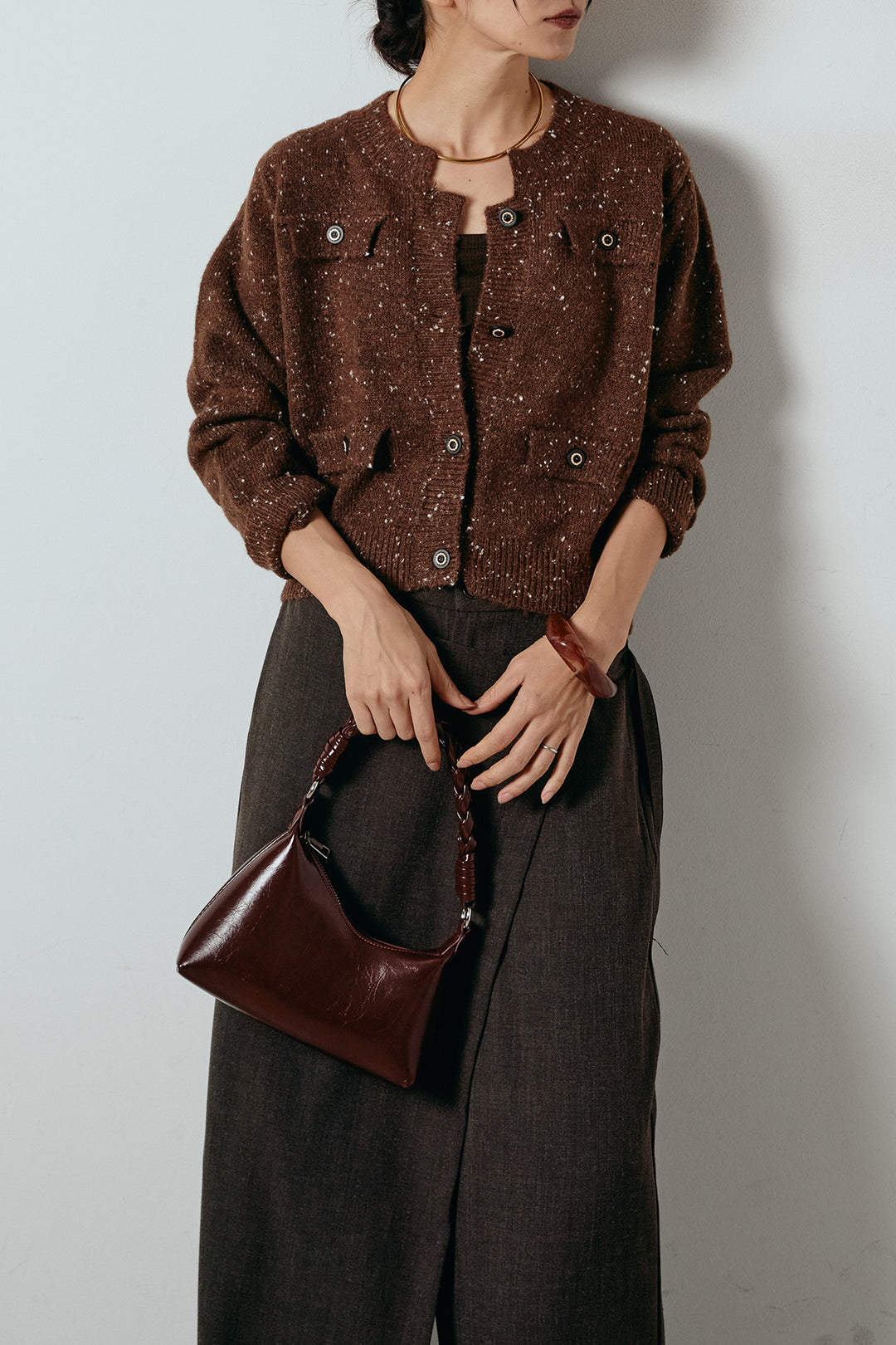 [SET]ネップニットカーディガン+ラップ巻きワイドスラックス(2set)