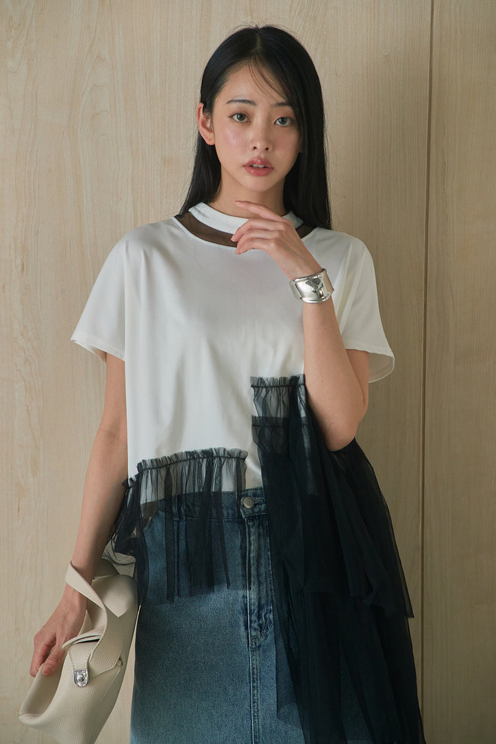 [SET]アシンメトリーチュールフリルTシャツ+デニムロングフレアスカート(2set)