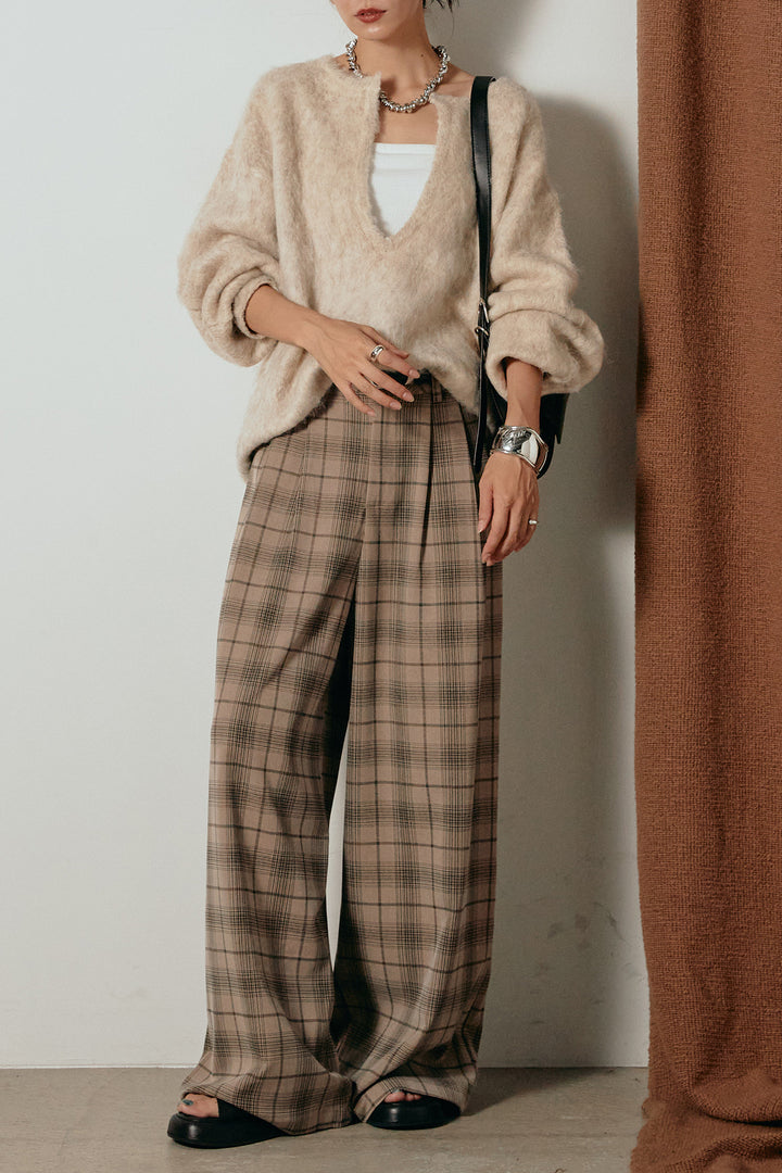 [SET]ミックスシャギー深Vニット+タック入りタータンチェックワイドパンツ(2set)