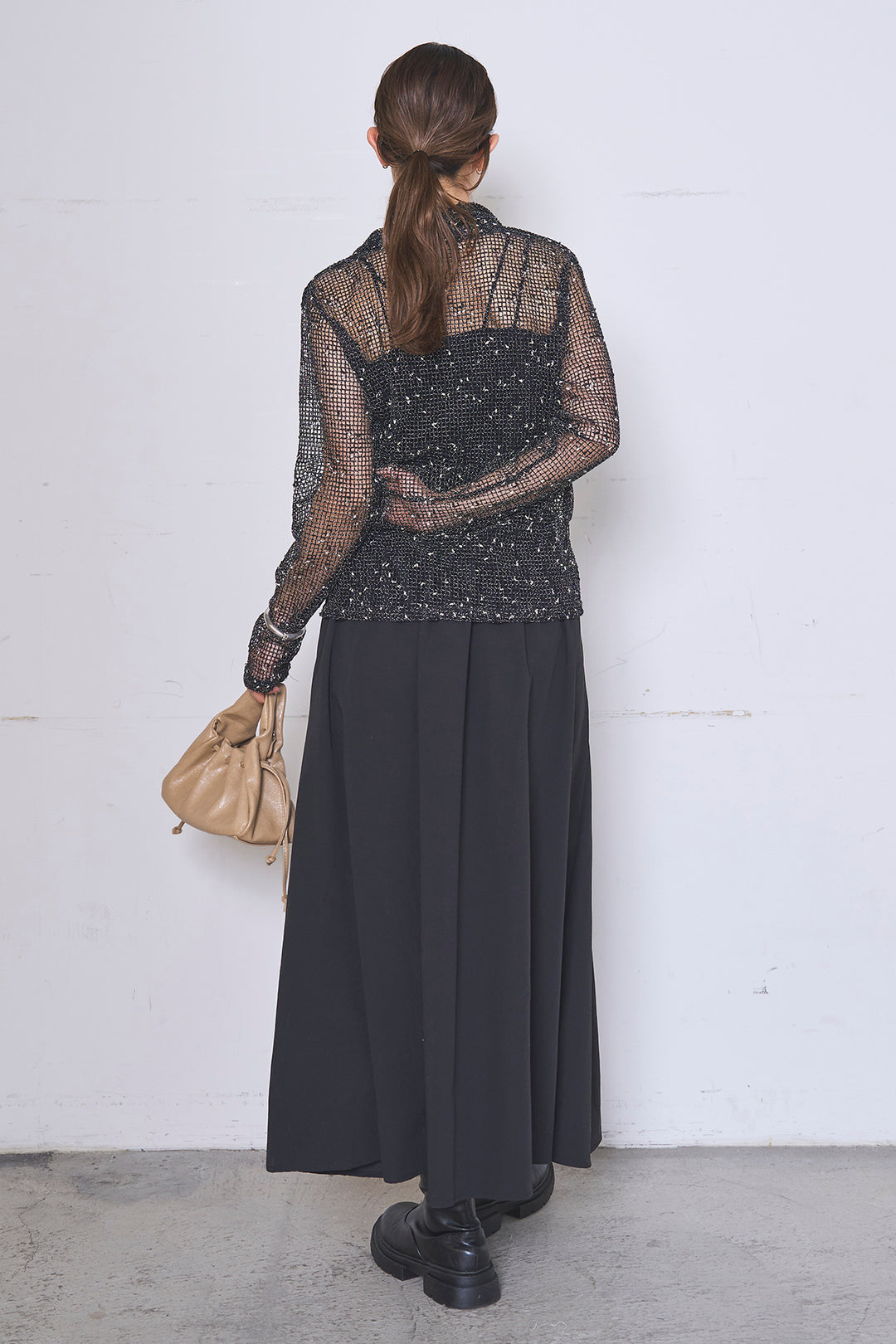 [SET]ネップメッシュポロ襟カーディガン+ラップレイヤードアシンメトリーデザインスカート(2set)