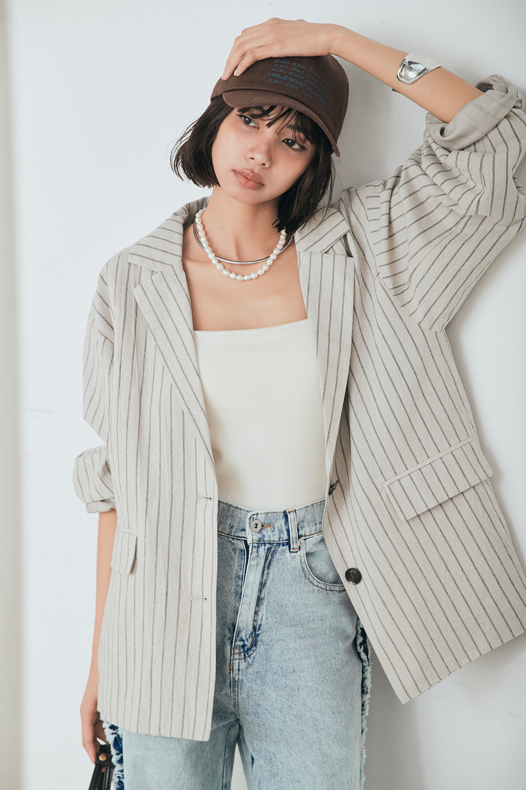 [SET]リネンライクストライプテーラードジャケット+デニムサイドフリルパンツ(2set)